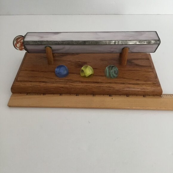 Vintage Stained Glass Kaleidoscope Toy Art Glass Marbles on Oak Wood Stand 9x4 - Picture 10 of 11